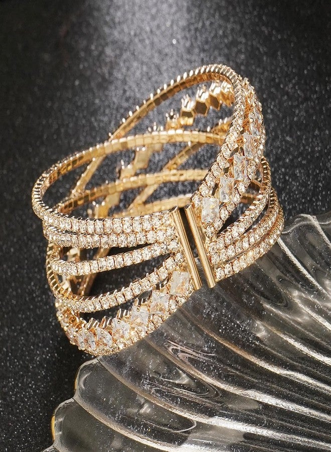 Wovanoo Rhinestone Bracelets Multilayer Cuff Bracelet Sparkling Crystal Layered Bridal Bracelets for Women Gold 3 - Image 5